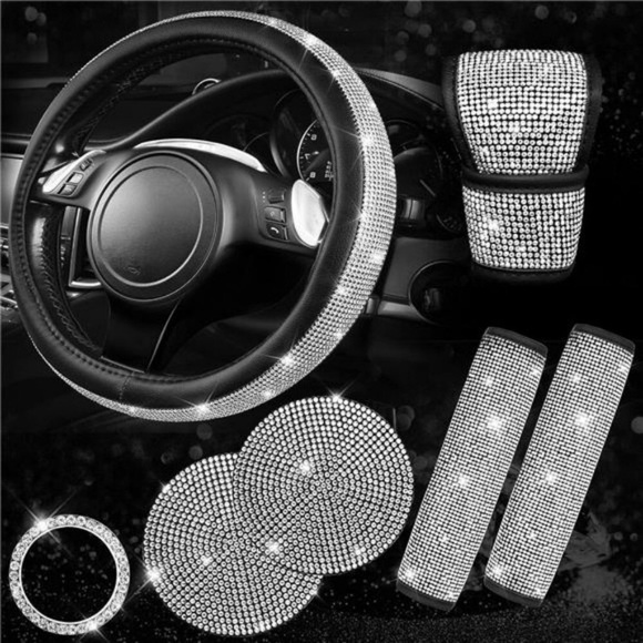 Accessories - 7 Pc Steering Wheel Cover Car Accessories Silver Diamond Crystal Rhinestone Gift